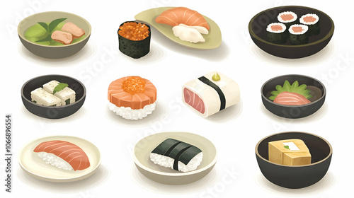 A collection of various sushi and Japanese cuisine items, including nigiri, maki, sashimi, and tofu.