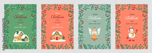 Set of flat style Christmas cards with festive designs, including decorated houses, angel, snowman, and holiday foliage. Perfect for seasonal greetings, invitations, or holiday decoration themes.