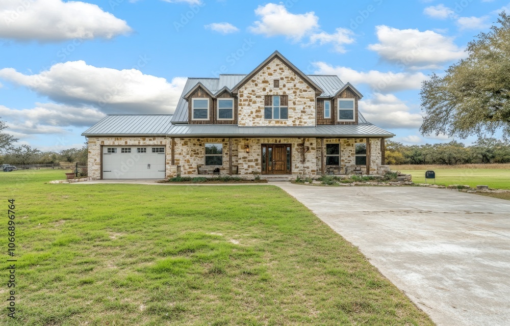 A beautiful two-story, stone and wood house in the heart of Texas with large windows, a light gray metal roof, a green grass lawn in the front yard A beautiful two-story, stone and wood house in the heart of Texas with large windows, a light gray metal roof, a green grass lawn in the front yard
