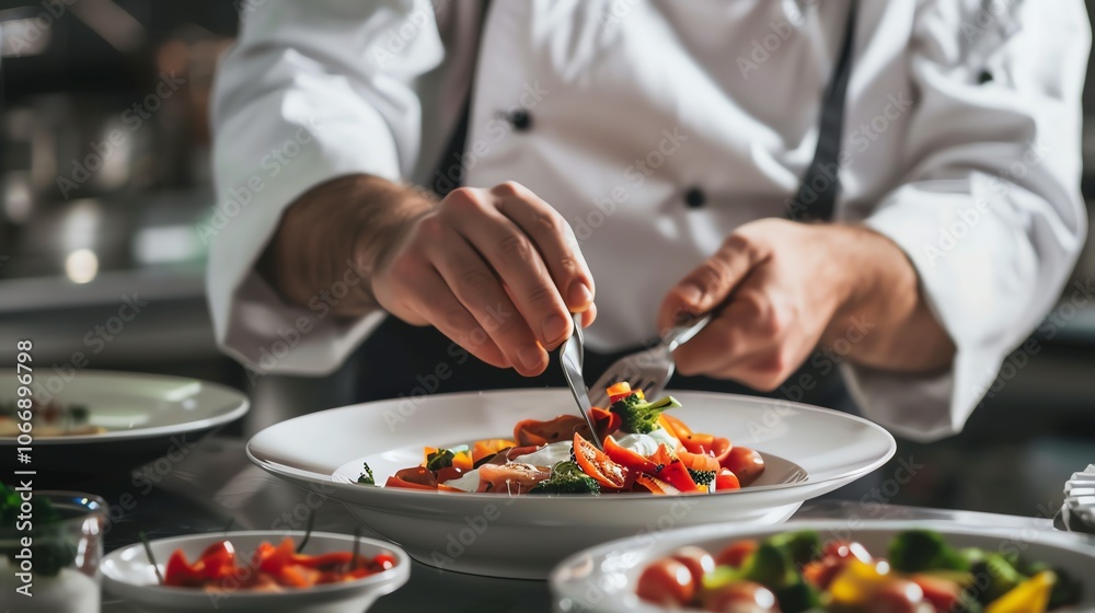 A chef in a white uniform is plating a meal with a fork. A chef in a white uniform is plating a meal with a fork.