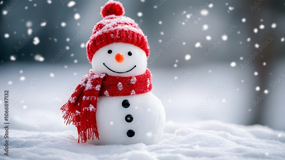 Cheerful snowman wearing a red hat and scarf against a snowy background. Cheerful snowman wearing a red hat and scarf against a snowy background.