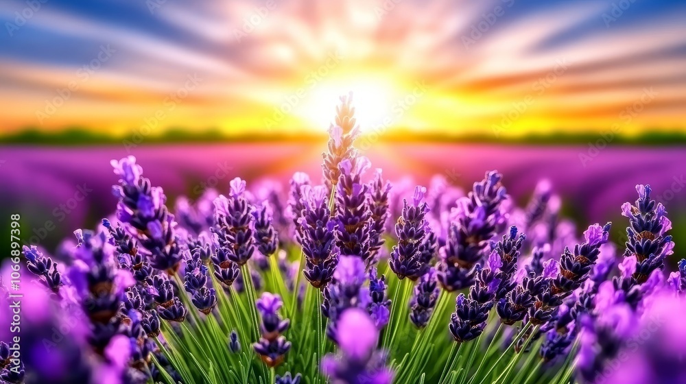 Obraz premium Lavender Field Sunset Purple Flowers in Bloom Summer Nature Background