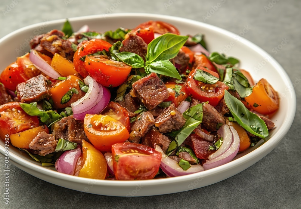 A white plate with a meat and tomato salad A white plate with a meat and tomato salad