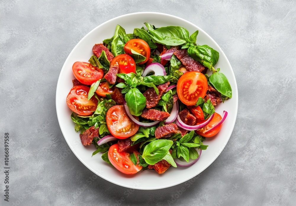 A salad with tomatoes, onions, and basil is served in a white plate A salad with tomatoes, onions, and basil is served in a white plate