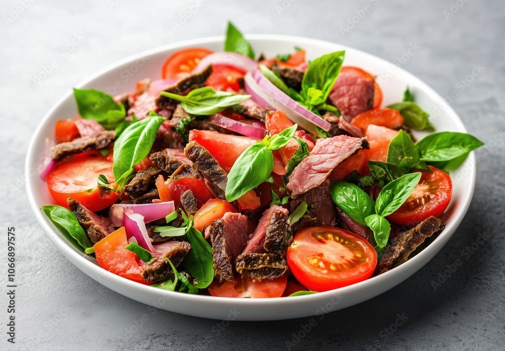 A plate of meat and tomatoes with onions and basil A plate of meat and tomatoes with onions and basil