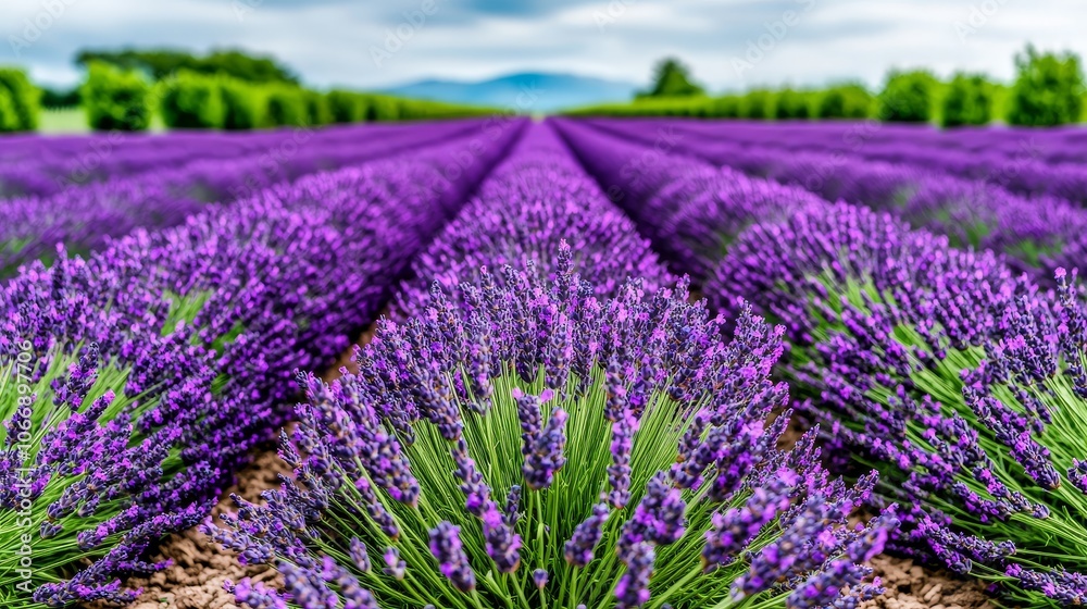 Obraz premium Lavender Field Rows Blooming in Summer Purple Flowers Green Foliage Scenic Landscape