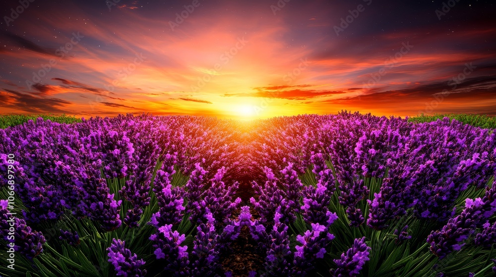 Sunset Over Lavender Field Purple Flowers Golden Sky Nature Beauty