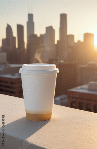 Urban eco-friendly coffee cup mockup on rooftop during sunrise, perfect for cafe branding campaigns