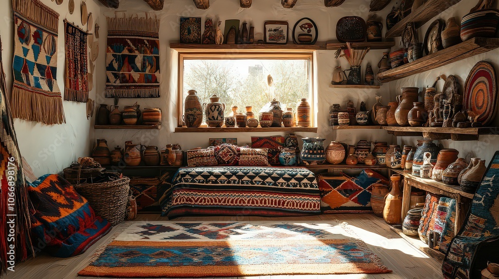 Cultural room adorned with woven textiles, clay pots, and artifacts, showcasing traditional heritage and indigenous craftsmanship in warm, natural light. Cultural room adorned with woven textiles, clay pots, and artifacts, showcasing traditional heritage and indigenous craftsmanship in warm, natural light.