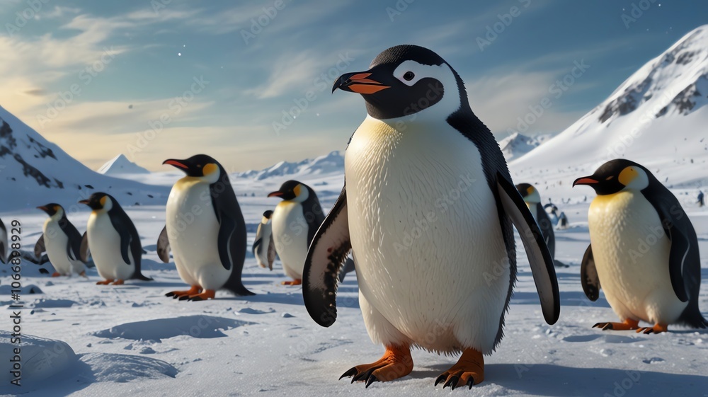 Obraz premium A group of Emperor penguins stand on a snowy landscape, with mountains in the background. The penguins are looking at the camera with curious expressions.