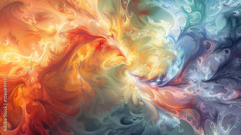 A vibrant abstract art piece with swirling colors of blue, red, yellow, orange, and white. A vibrant abstract art piece with swirling colors of blue, red, yellow, orange, and white.