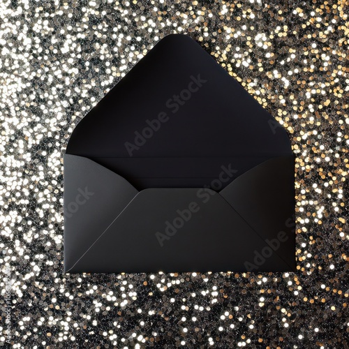 Sequin Background with Envelope and Card: First-person view of an open black envelope with a blank card over a sequin background, elegant for Black Friday invitations. photo