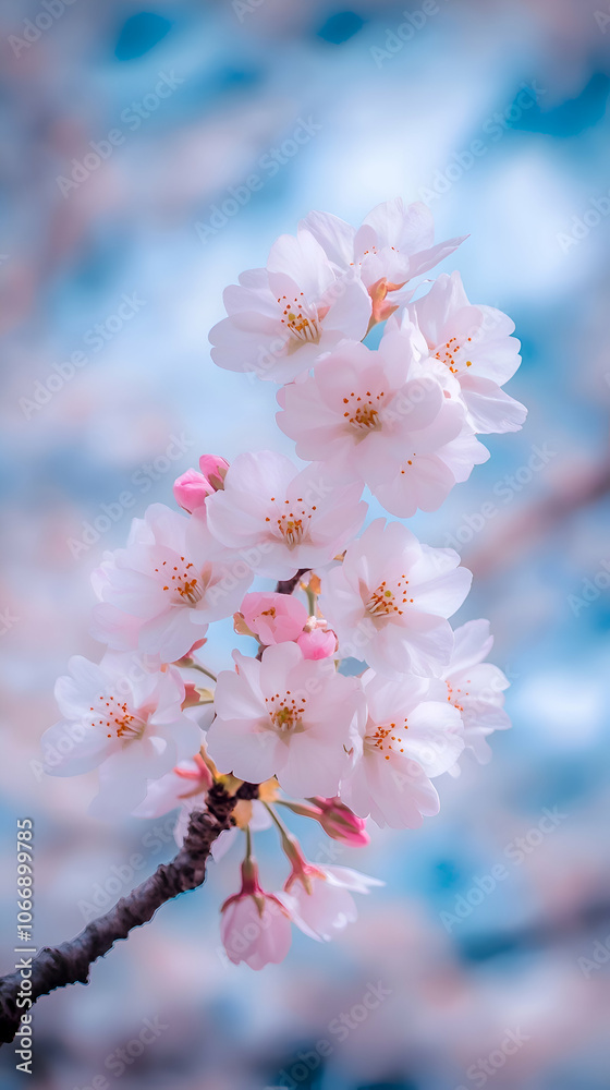 Delicate pink cherry blossoms in full bloom against a blue sky. Delicate pink cherry blossoms in full bloom against a blue sky.