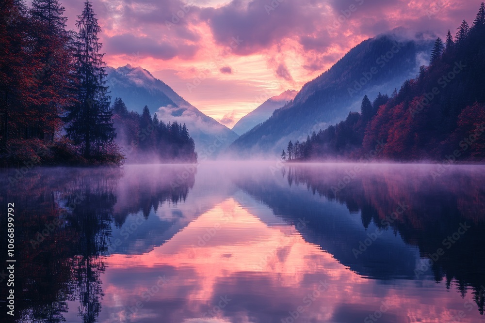 Serene lake at sunrise with soft mist hovering over the water. Generative AI Serene lake at sunrise with soft mist hovering over the water. Generative AI