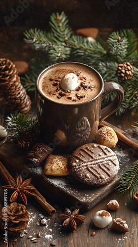 Cozy winter scene with a cup of hot chocolate and festive cookies.