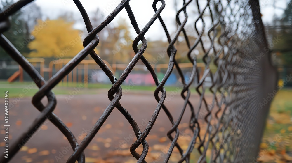 Close-up of chain-link fence surrounding a playground in autumn, with soft focus on colorful leaves and equipment in background, creating nostalgic mood. Close-up of chain-link fence surrounding a playground in autumn, with soft focus on colorful leaves and equipment in background, creating nostalgic mood.