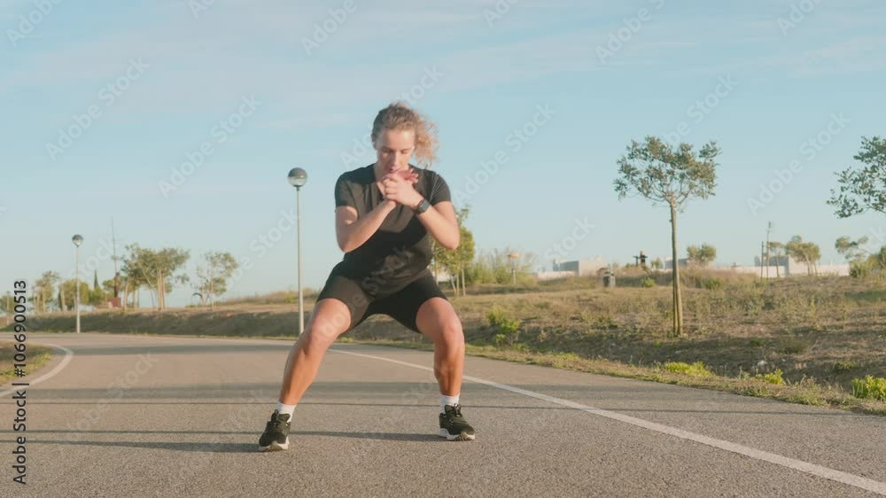 A woman exercising outdoors, performing squats on a paved path surrounded by trees on a sunny day. Ideal for themes of fitness, health, and outdoor activity. A woman exercising outdoors, performing squats on a paved path surrounded by trees on a sunny day. Ideal for themes of fitness, health, and outdoor activity.