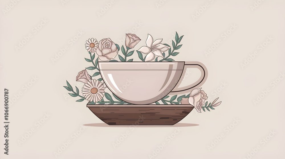 Stylized herbal tea cup on wooden base with roses, lilies, and daisies Stylized herbal tea cup on wooden base with roses, lilies, and daisies