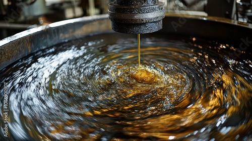  Olive paste transferred to malaxer, large steel mixer that stirs it, merging tiny oil droplets for extraction. photo