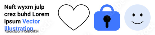 Heart icon, blue lock icon, happy face icon beside dummy text in black and blue. Ideal for digital security, social media, healthcare, education, web design, personal projects, promotional materials