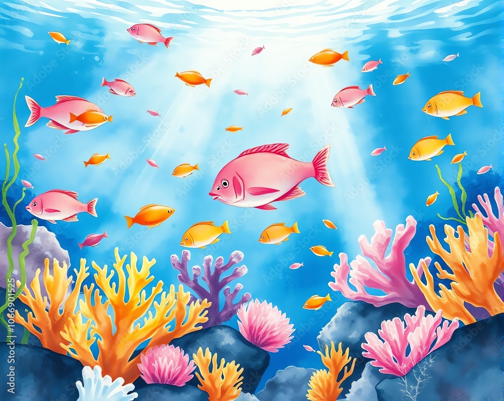 A vibrant underwater scene with colorful fish swimming among coral reefs and rocks. Sunbeams shine through the clear blue water. A vibrant underwater scene with colorful fish swimming among coral reefs and rocks. Sunbeams shine through the clear blue water.
