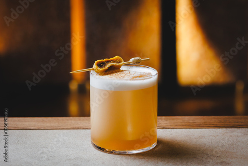 Classic cocktail Ammareto sour on the bar counter. Without people
