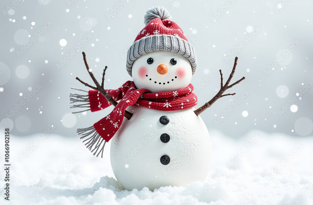 Snowman wearing a hat and a knitted scarf, copy space Snowman wearing a hat and a knitted scarf, copy space