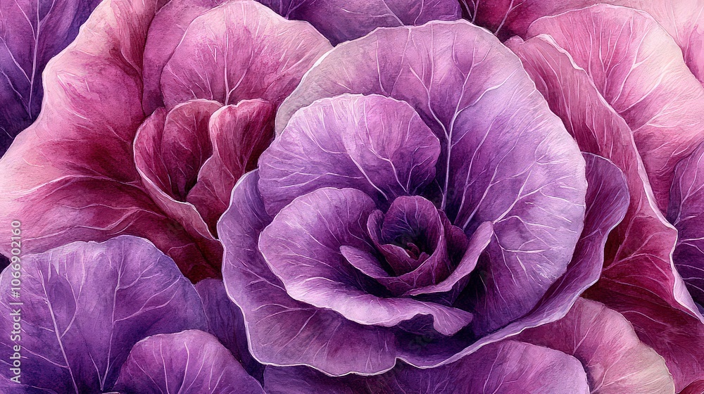 Watercolor painting of radicchio and endive in bold purple and green hues, creating sharp contrast. Watercolor painting of radicchio and endive in bold purple and green hues, creating sharp contrast.