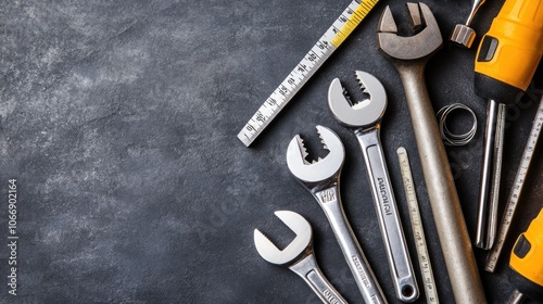 Engineering tools arranged neatly, including calipers, wrenches, and measuring instruments