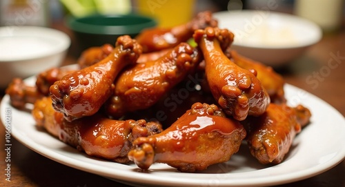 Delicious glazed chicken wings on plate