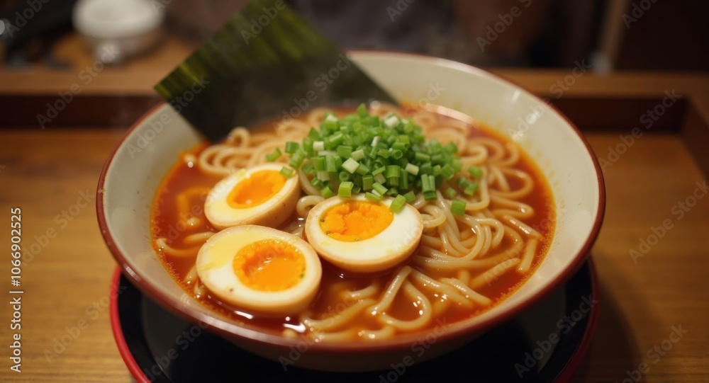 Delicious ramen with eggs and scallions Delicious ramen with eggs and scallions