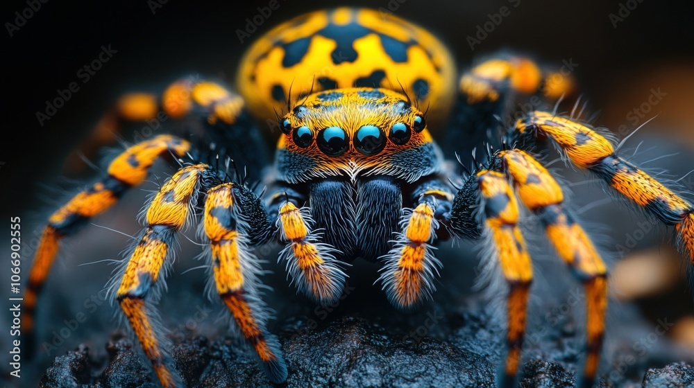 Fototapeta premium Close-up of black and yellow spider with detailed patterns, macro of spider face, natural insect, arachnid in nature, wildlife close-up, tarantula features