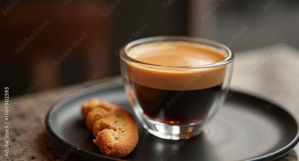 Coffee with cookie on a black plate. Coffee with cookie on a black plate.