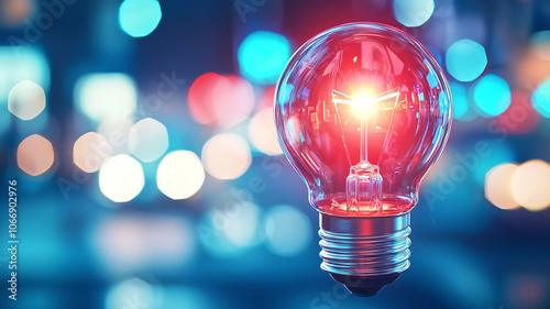 Bright red light bulb glowing against blurred blue background, creating vibrant and modern atmosphere