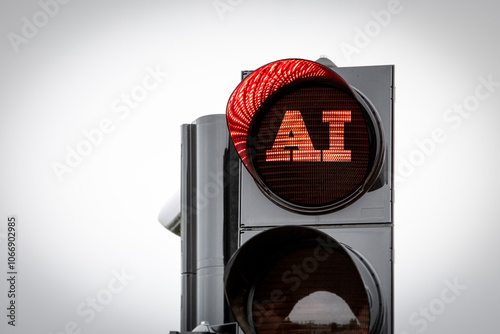 AI artificial intelligence concept. Red warning light is on at the traffic light photo