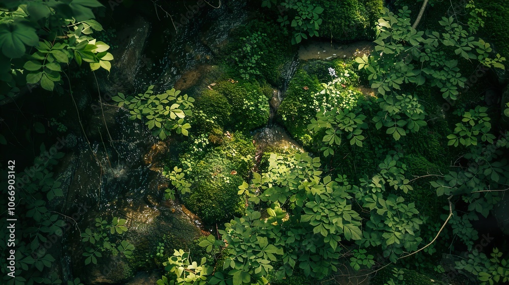 Lush Greenery and Tranquil Stream in a Forest