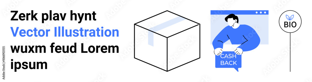 Cashback label in browser window, 3D box, and bio symbol. Ideal for e-commerce, finance, promotions, eco-friendly products, marketing, educational materials, and website graphics. Landing page Cashback label in browser window, 3D box, and bio symbol. Ideal for e-commerce, finance, promotions, eco-friendly products, marketing, educational materials, and website graphics. Landing page