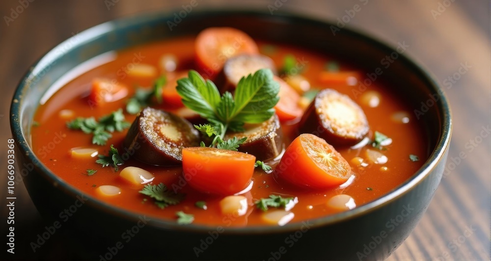 Delicious bowl of tomato soup with vegetables Delicious bowl of tomato soup with vegetables
