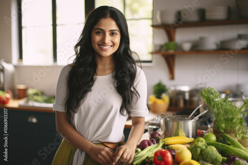 Portrait of a smiling young woman of Indian ethnicity standing in kitchen	