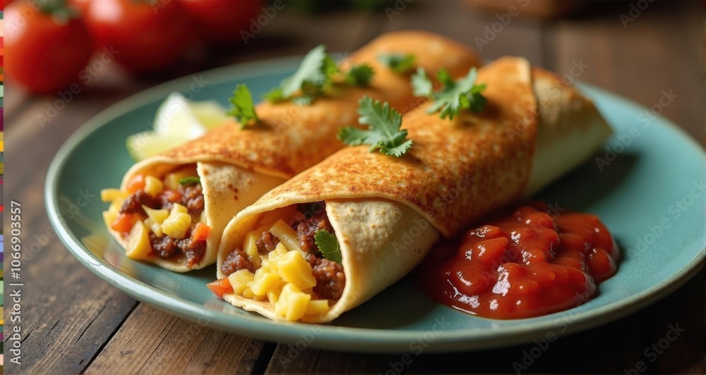 Delicious beef-filled enchiladas with sauce Delicious beef-filled enchiladas with sauce