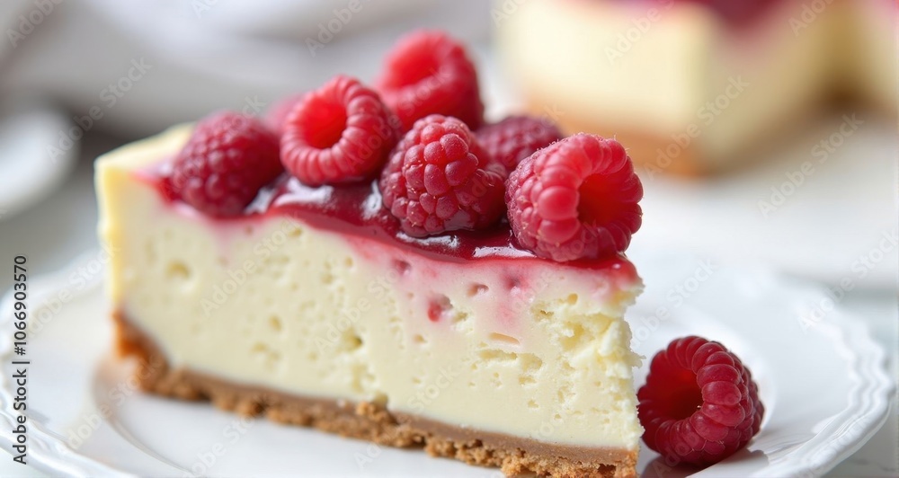 Delicious cheesecake topped with fresh raspberries