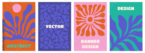 Vector simple minimal backgrounds  in  bold colors, simple wavy and groovy naive style, flowers and plants, floral botanic hand drawn design templates, frames and modern wall art prints, posters