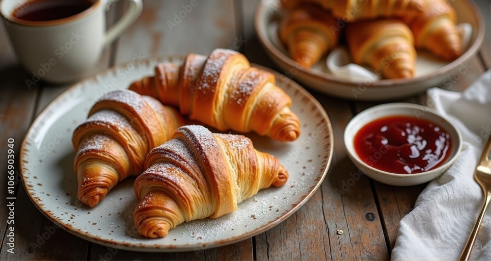 Golden croissants with jam on a rustic table Golden croissants with jam on a rustic table