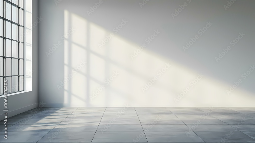 A white room with a large window and a tiled floor. The sun shines through the window, casting a shadow on the wall and floor. A white room with a large window and a tiled floor. The sun shines through the window, casting a shadow on the wall and floor.