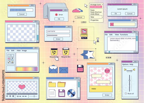 Browser retro screens. Vintage interface window web screen, pc 90s cyberspace website message folder tab programming hipster desktop 80s y2k internet kit classy vector illustration