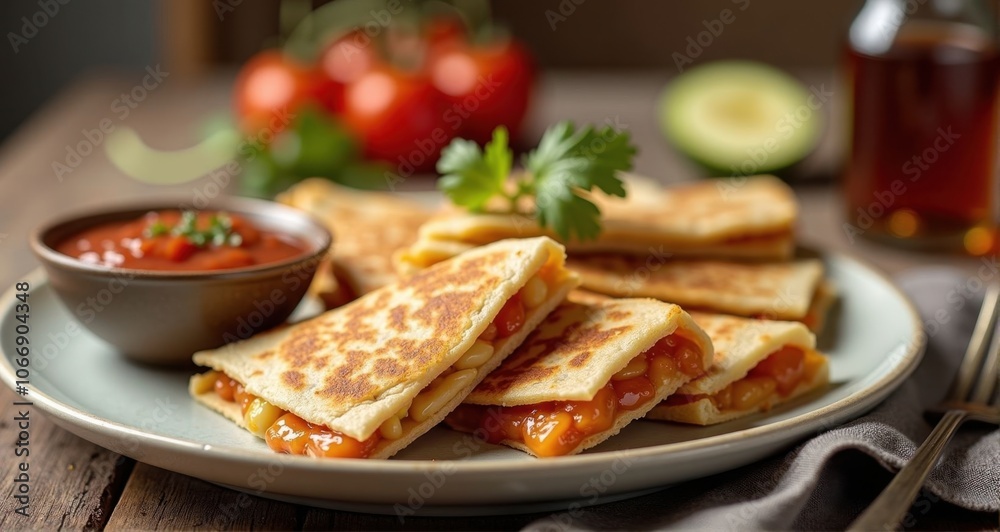 Delicious quesadillas on a rustic plate Delicious quesadillas on a rustic plate