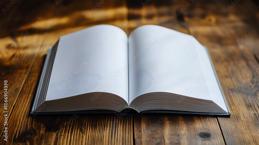 Fototapeta premium Blank pages of open book on rustic wooden table background