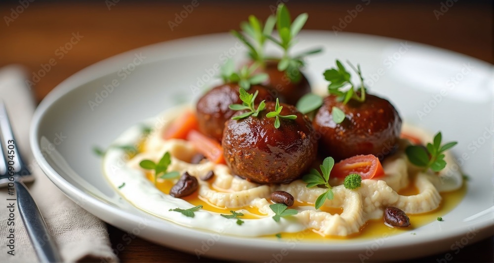 Delicious meatballs with creamy sauce plating. Delicious meatballs with creamy sauce plating.