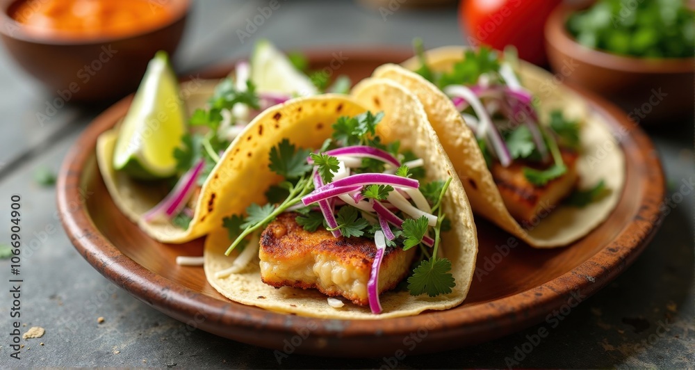Delicious fish tacos with fresh toppings. Delicious fish tacos with fresh toppings.
