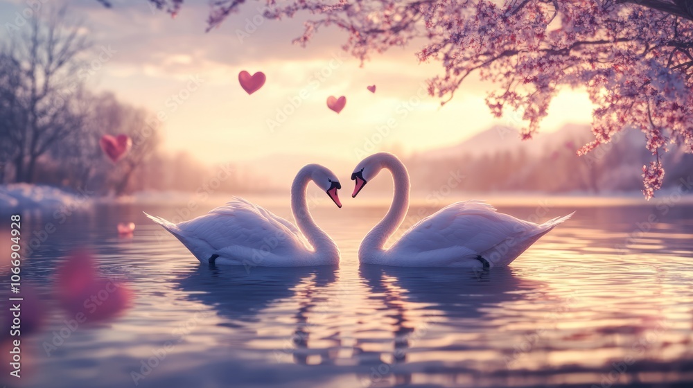 Fototapeta premium Two Swans in Love at Sunset